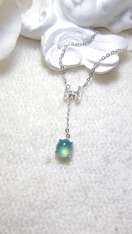 |招財女神|A貨翡翠冰玻晴藍杠蛋面6.5mm純銀鍍18k字母項鍊