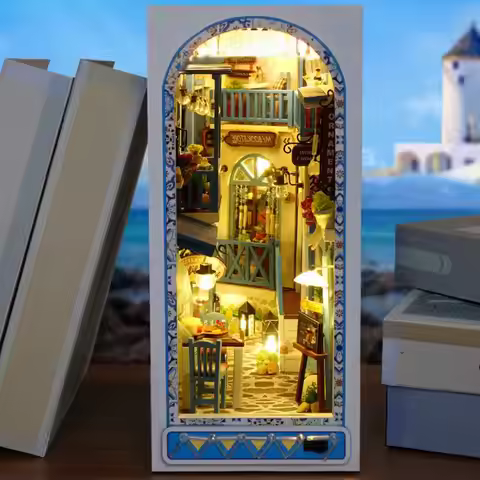 DIY Wooden Book Nook Shelf Insert Miniature Building Kits Sea Breeze Casa Bookshelf Assembly Bookend