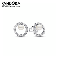 Pandora Sterling silver stud earrings with white treated freshwater cultured pearl and clear cubic zirconia