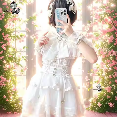 Sweet Lolita Lace Blouse Y2K Kawaii Ruffle Bow Short Sleeve Top Women Gothic Victorian Fairy Shirt M
