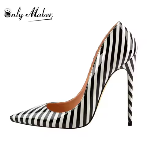 Onlymaker Women Zebra Black White Stripe Elegant 12CM High Heel Wedding Shoes US5~US15 Big Size Slip