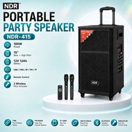 NDR NDR-415 Portable Party Speaker 15 Inch 100W Speaker with 2 Microphones, TWS, FM Radio & Recharge