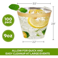 Tobvory 100 Pack Gold Rimmed Plastic Cups - 9 oz Hard Clear Plastic Cups, Premium Disposable Cup For