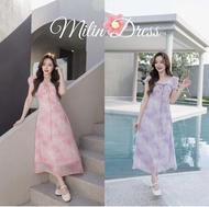 ชุดเดรส milin purple สีม่วงพาสเทลลายวาดดอกไม้
