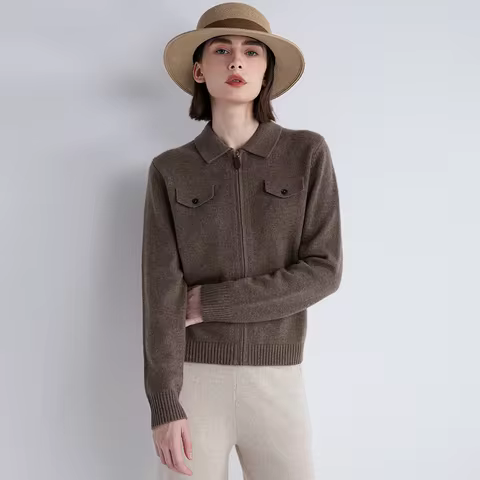 TY652052 Luxury Women’s Wool Cashmere LP Cardigan 70% Wool 30% Cashmere Collar Jacket Pocket Flap De