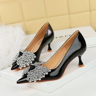 1961-H60 Feng Shui Rhinestone Bow Temperament High Heels Pointed Toe Stiletto All-Match Shallow Mou
