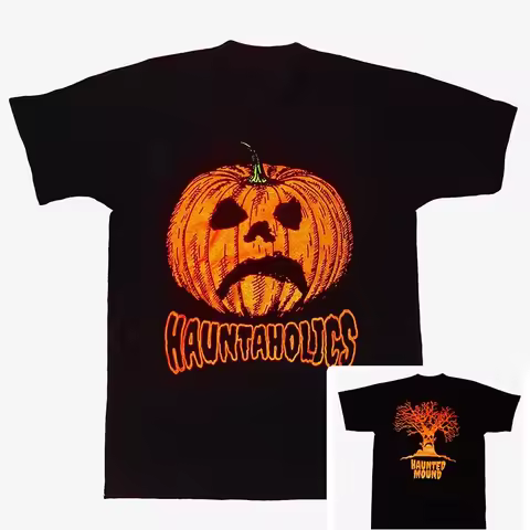 Haunted Mound Spooky Tree Pumpkin Print T-Shirt Men Gothic Streetwear Short Sleeve Horror Rap Fan Te