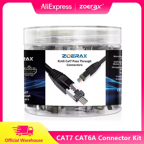 ZoeRax 50-Pack RJ45 CAT7 CAT6A Pass Through Connector Kit with Strain Relief Boots Shielded 3-Prong 