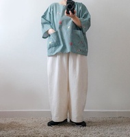 燕麥米皺皺直筒寬褲