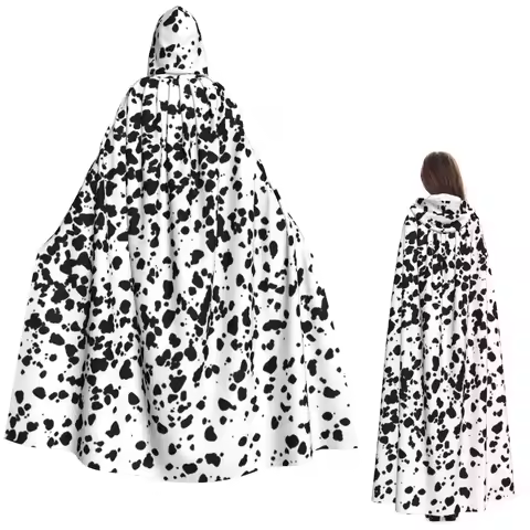 Dalmatian Dog Texture Long Hooded Cloak Witch Medieval Costume Cosplay Cape HalloweenCoat Adult Unis