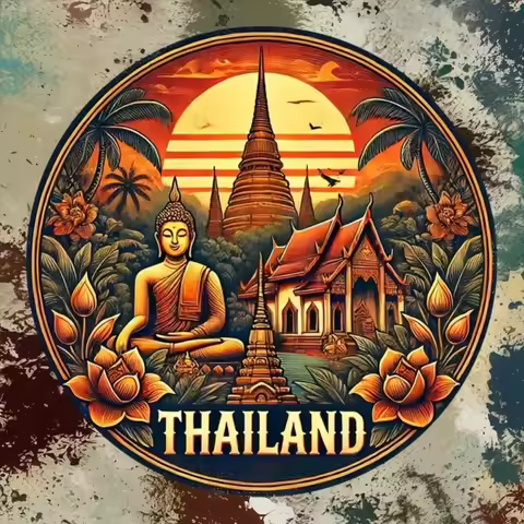 Thailand Travel Theme Round Iron Wall Art, 2D Flat Wall Decor for Living Room Bedroom