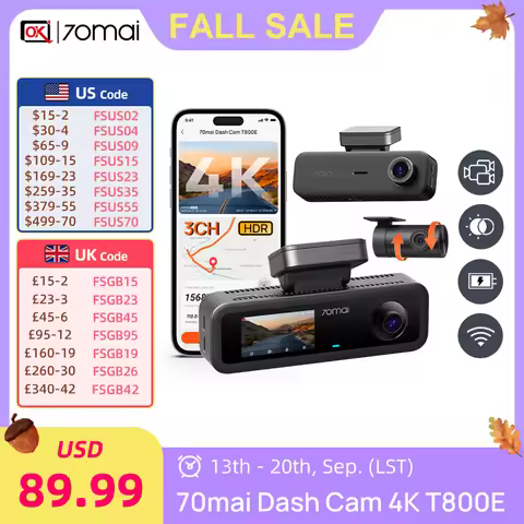 70mai 4K Dash Cam T800E Support 3-Channel Car DVR 4K + Rear 1080P + Interior 1080P HDR Supercapacito