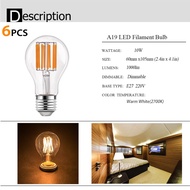 E27 LED Filament หลอดไฟ6แพ็ค A19 Edison หลอดไฟ4W 6W 8W 10W หลอดไฟ Led 220V หลอดไฟประหยัดพลังงาน2700K