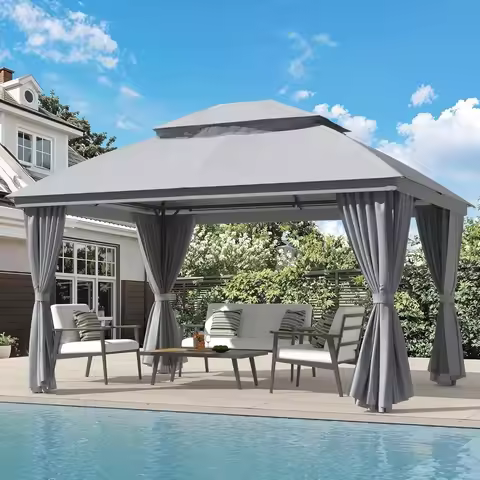 Outdoor Gazebo 10’×13’ for Patio, Metal Frame Canopy with Double Roofs, Heavy Duty Party Tent with M