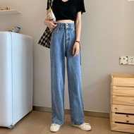 HW CI008 LOOSE JEANS denim pants korean korean kpop styleWanita high waist cutting straight wide leg