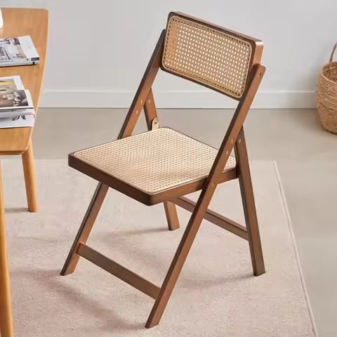Wabi Sabi Rattan Chair Folding Bamboo Solid Wood Dining Chair Nordic Style Backrest Seat Rustic Home