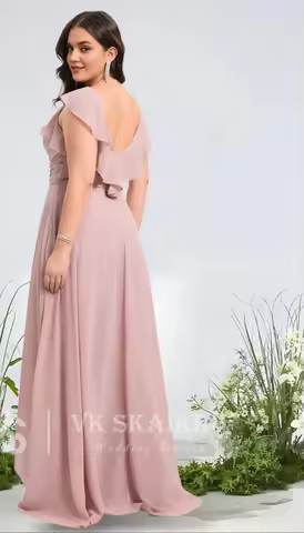 VUM Elegant Jumpsuit Bridesmaid Dresses V-Neck Floor-Length Chiffon With Ruffle Luxury Wedding Party