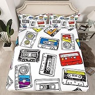 Vintage Old Fashion Full Sheets Retro Audio Cassette Bed Sheets, Colorful Music Record Player Fitted