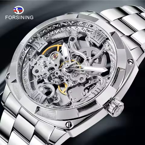 Forsining Stainless Steel Waterproof Automatic Watch Men Skeleton Watch Silver Mechanical Mens Watch