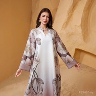 NC19 Middle East Muslim Women's Clothing Robe Printed Beaded Hot Diamond V-Neck Lapel Sleeve Dress