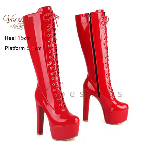 Fashion Red Patent Leather Knee High Platform Boots Women Lace Up Side Zipper Block Heel Stripper Po