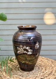 Bình Gốm Bát Tràng cao 30cm vẽ tay họa tiết hoa sen