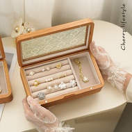 Cherry Wood Jewelry Box Small Begonia Flower Glass Lid Jewelry Box Necklace Earrings Solid Wood Stor