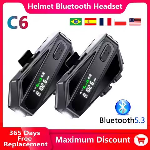 1/2PC C6 Motorcycle Helmet Bluetooth Intercom Headset 500M Distance Led Lighting FM Voice CVC Noise 