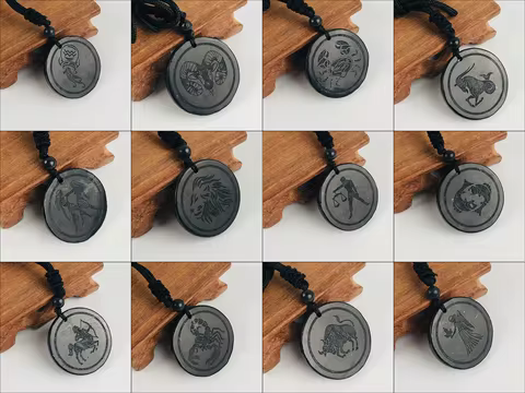CHENYISHI Shungite Pendant Twelve Zodiac Signs Shungite Natural Stone Necklace 35mm