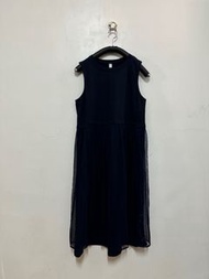 a la sha 深藍棉質拼接網紗造型無袖連身洋裝 / M
