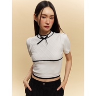 Pomelo Womens Contrast Trim Argyle Pattern Knitted Crop Top with Bow Detail -