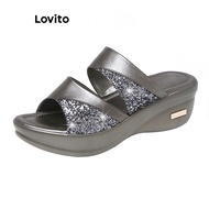 Lovito Elegant Plain Sequin Versatile Triple Cake Base Soft Bottom Metallic Color Wedges for Women L