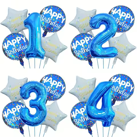 32inch Blue Digital Aluminum Film Balloon Set Light Blue Stars Balloons Happy Kids 1-9th Birthday Pa