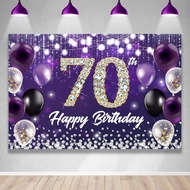 Happy 70th Birthday Party Banner Backdrop Purple Theme Decor with Shiny Diamond Noble Elegant Birthd
