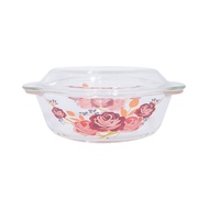 Meija Rosette Glass Casserole 1.3L with Lid Set 20.6cmx17.9cmx8.5cm Tempered Glass Microwave Oven Se