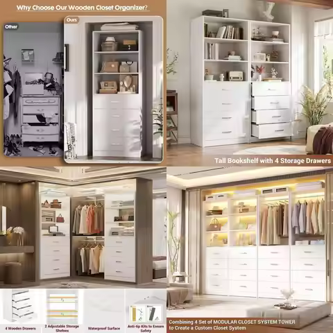 21.3 White Wooden Walk-in Closet Organizer System with 4 Shelves for Small Spaces