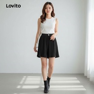 Lovito Seluar Pendek Santai Berbutang Hitam untuk Wanita Musim Bunga/Panas L144AD052