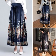 [SEA] Chinese Style Women Maxi Skirt High Waist Vintage Skirt Elegant Phoenix Print Hanfu Pleated Lace-up Horse Face Skirt