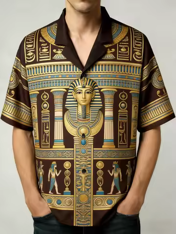 2026 Men's High-quality Short Sleeved Shirt with Luxurious Golden Baroque String Print, Cuban Collar