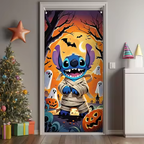 2D door banner, 1 sewn Halloween door cover - terrifying mummy design, with pumpkin and bat, Hallowe