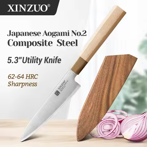 XINZUO 5.3"Utility Knife Handcrafted Aogami No.2 Composite Steel Knife Ideal for Home Ultra-Sharp fo