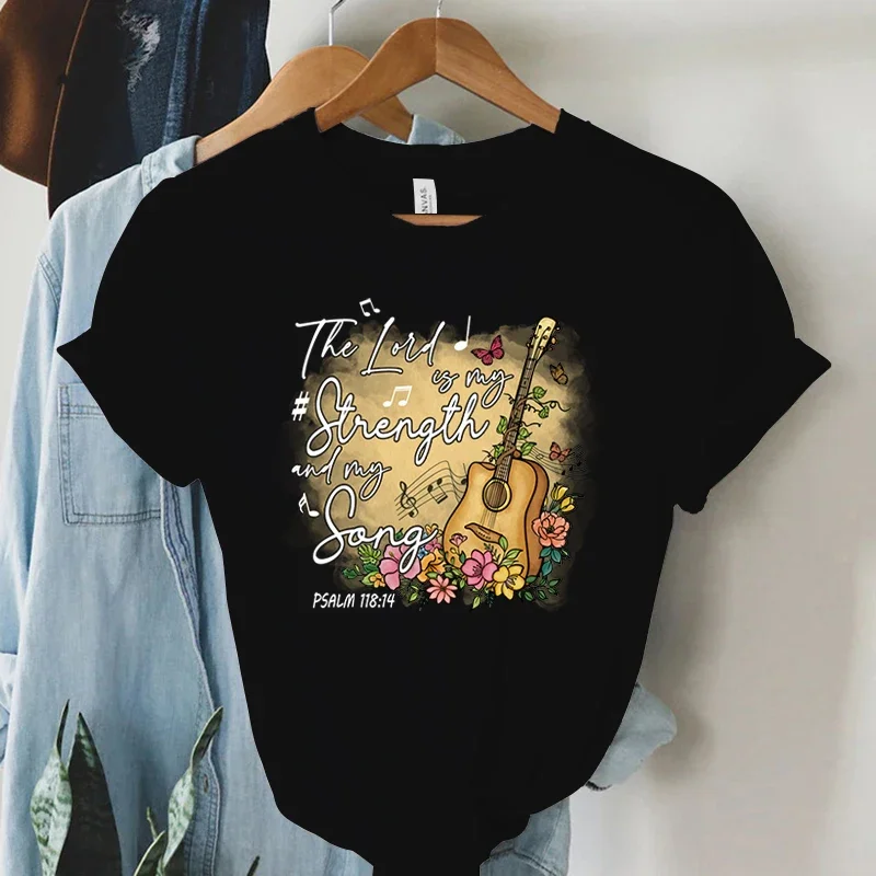 Women Vintage Boho Guitar Print Gospel Music T-Shirt Summer Christian Clothes Bible Verse God Worshi