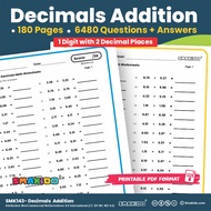 [ Soft Copy/ PDF ] Single Digit with 2 Decimal Places Addition Worksheets | 6480 Questions | 180 Pag
