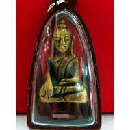 Ner Thong Daeng (old Brass) Phra Yok Tong (Buddha of Won) of famous old temple Wat Nok.Rare Old Copper, Century-Old Temple Chanting Sutra Blessing Flag Top Buddha (Victory Buddha), Retro Style Waterproof Case