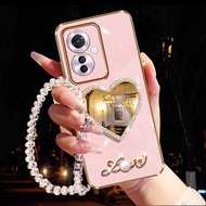 2024 New phone Casing OPPO Reno11 F 5G OPPOReno11F Reno11F Reno 11 F 11F Handphone Case with Beads Chain Rope Pearl Bracelet + 3D Love Mirror Softcase for Girls Cover