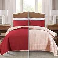 JML Quilt Set 3 Piece Reversible Queen Size Bedspread with 2 Pillow Shams, Plaid Stitched Pattern, Soft Lightweight Fade and Shrink Resistant Microfiber Coverlet, Burgundy/Pink