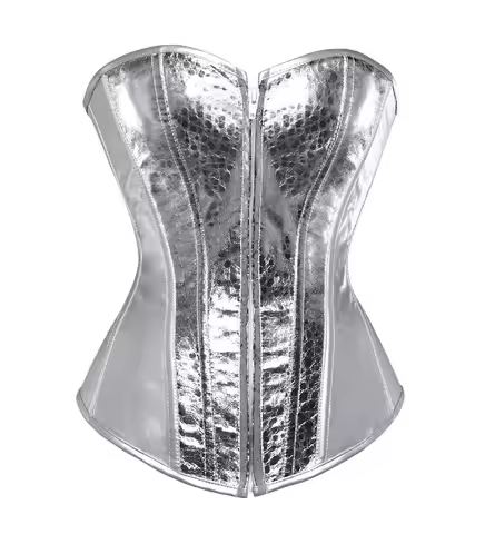 Women Silver Gold Vintage Style Overbust Corset Gothic Leather Steampunk Zip Nightclub Bustier Corse