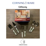 Vintage Corningware Callaway casseroles with Corelle Coordinates stainless steel kitchen utensils