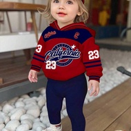 2pcs Baby Girl Casual Retro Letter & Number Badge Graphic Hoodie Sweatshirt And Loose Fit Pants Set,