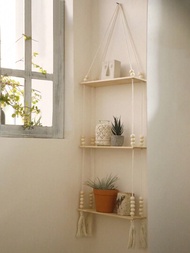 編織掛牆架-波西米亞風格木製牆架，附有木珠，農舍浮動架，用於臥室客廳與幼兒房裝飾的懸掛植物架
